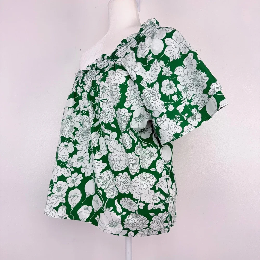 J.Crew One Shoulder Floral Top L Kelly Green Smocked Cotton Poplin Cottagecore - Picture 5 of 14